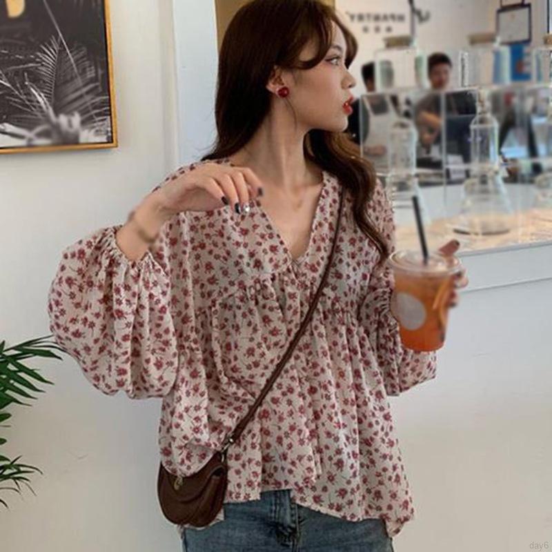 Áo Nữ Tay Dài Cổ Chữ V Họa Tiết Hoa Thời Trang Quyến Rũ