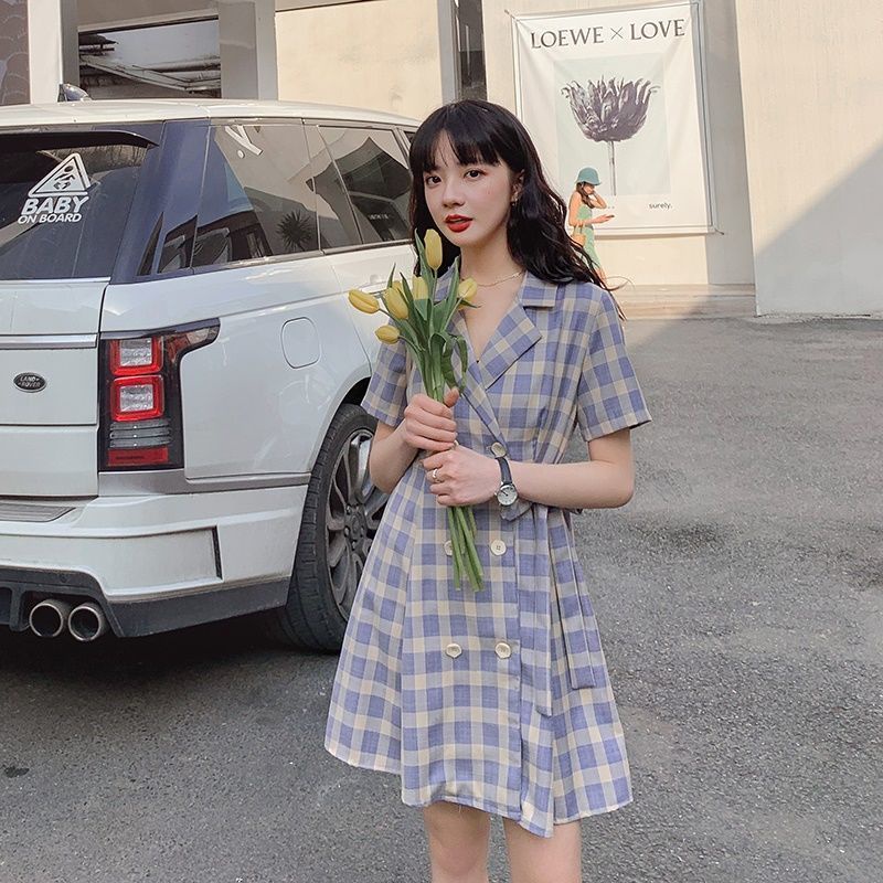 Đầm Công Sở Dáng Ôm Sọc Ca Rô Màu Tím Cỡ Nhỏ Phong Cách Hàn Quốc Thời Trang Mùa Hè Xinh Xắn Cho Nữ