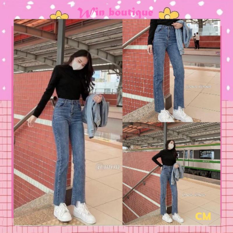 Quần jeans ống đứng cắt gấu cách điệu chất liệu bò co dãn sẵn 3 màu siêu hack dáng