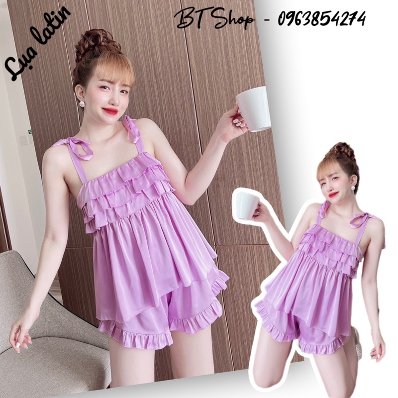 Đồ ngủ mặc nhà lụa cột nơ màu trơn freesize 42-57kg