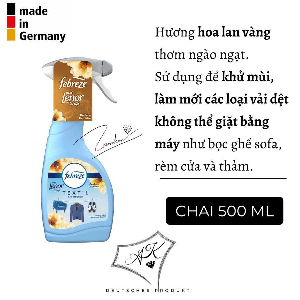 [ Hàng Đức ] Xịt thơm quần áo Febreze, chăn gối, sofa, ô tô, thảm - nội địa Đức - Xịt thơm Febreze - 500ml