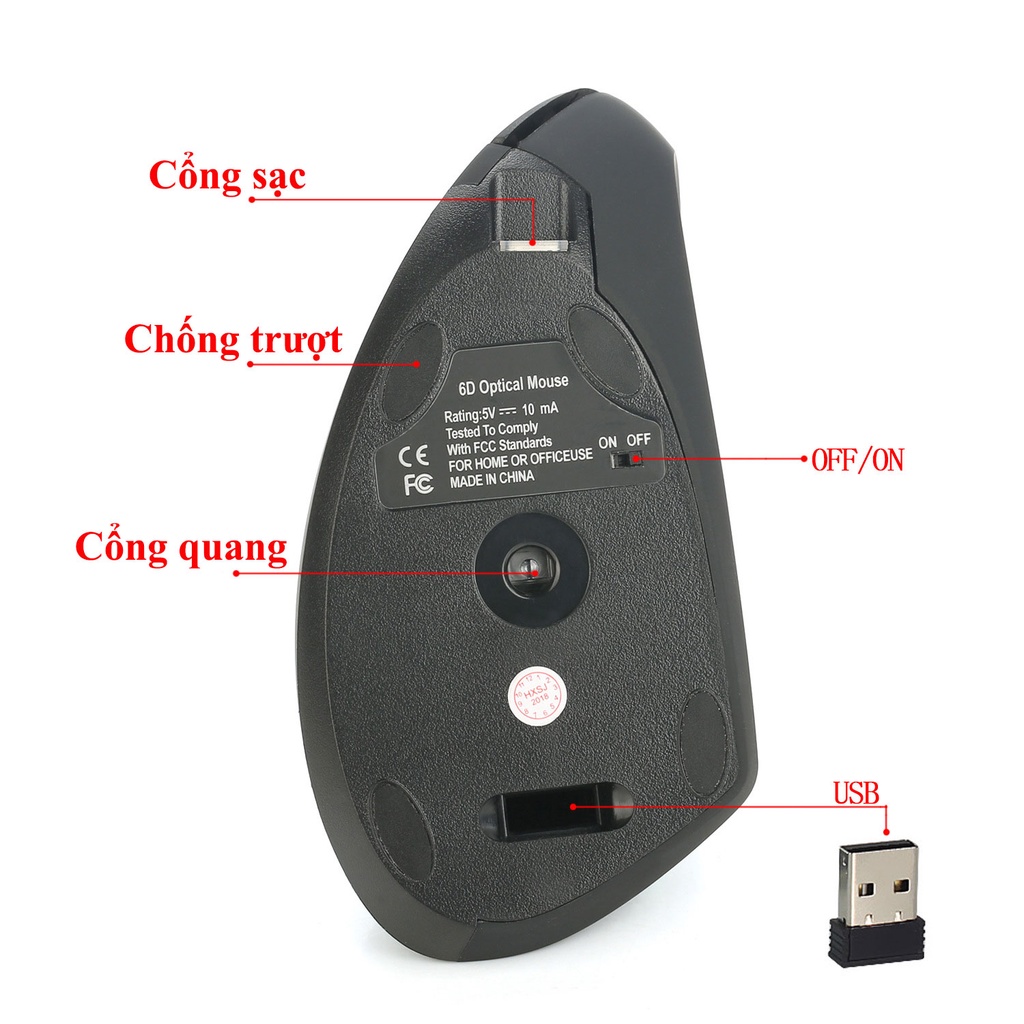 Chuột không dây kiểu đứng HXSJ T22 Sạc pin wireless USB 2.4GHz chống mỏi tay chuyên dùng cho pc laptop macbook ipad tivi