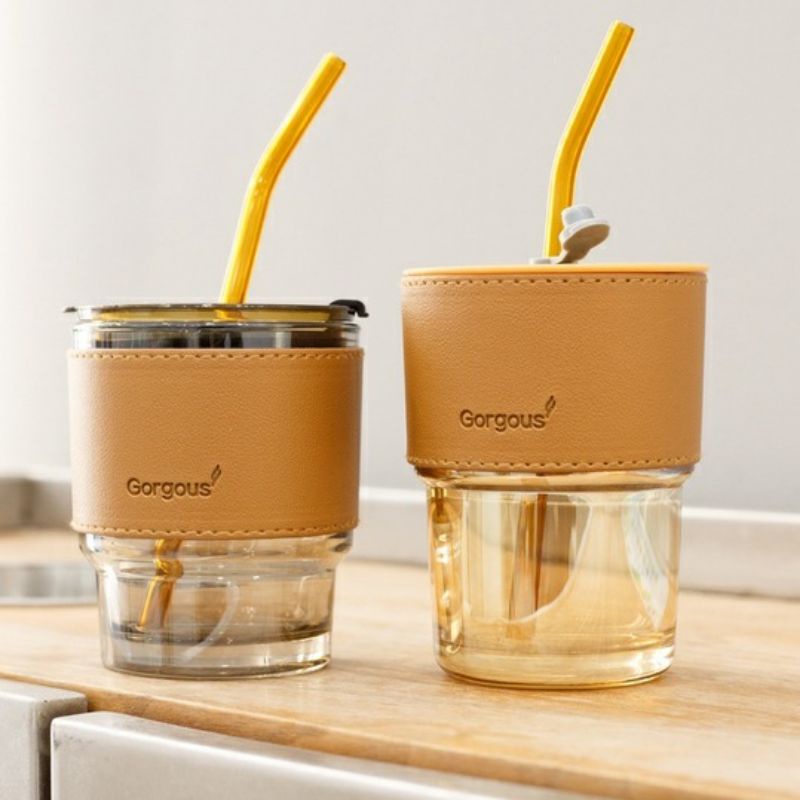 Ly Thủy tinh bọc da kèm ống hút