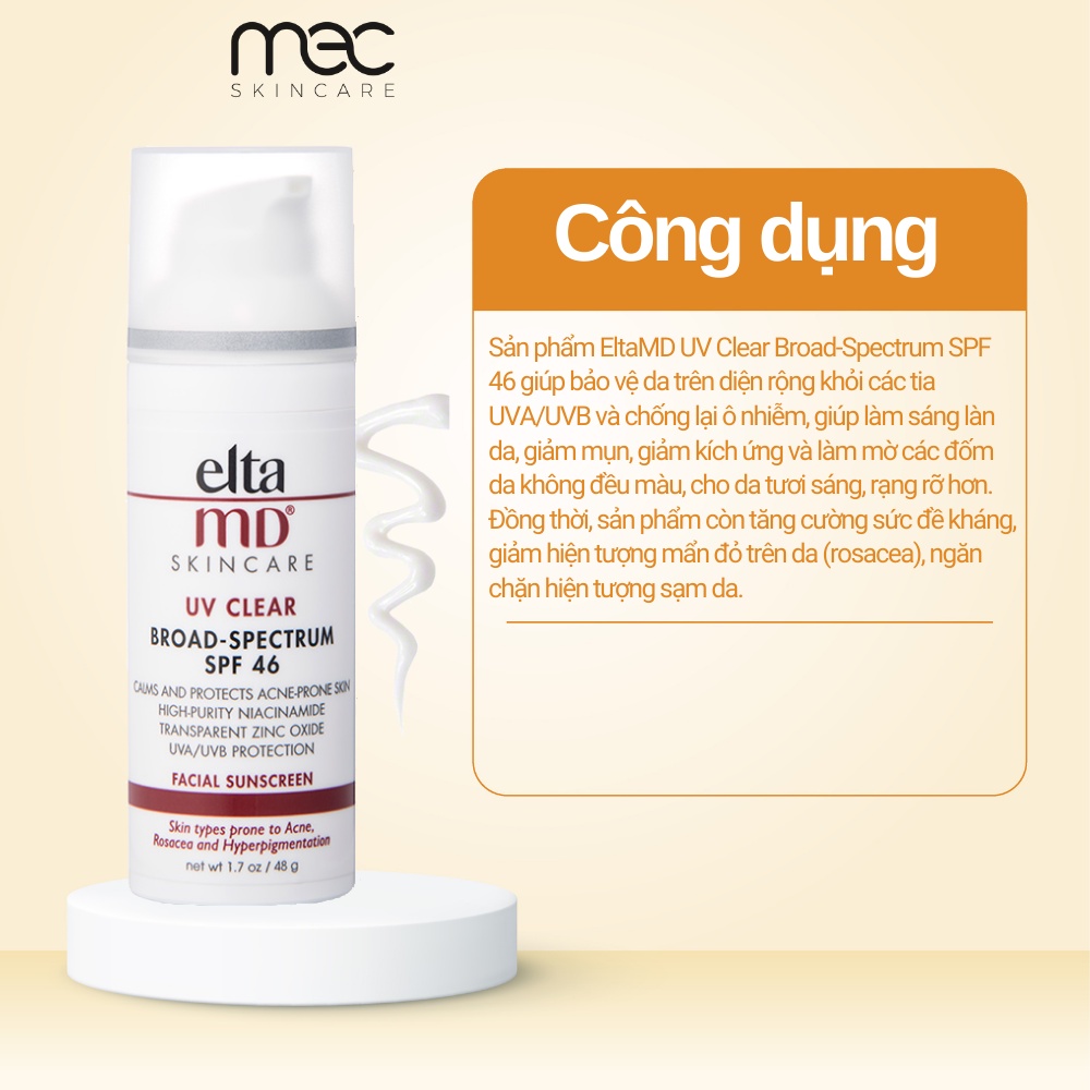 Kem Chống Nắng EltaMD SPF46 Clear Facial Sunscreen 48g Da Dầu Mụn Nhạy Cảm Làm Trắng Sáng Da - Mecskincare