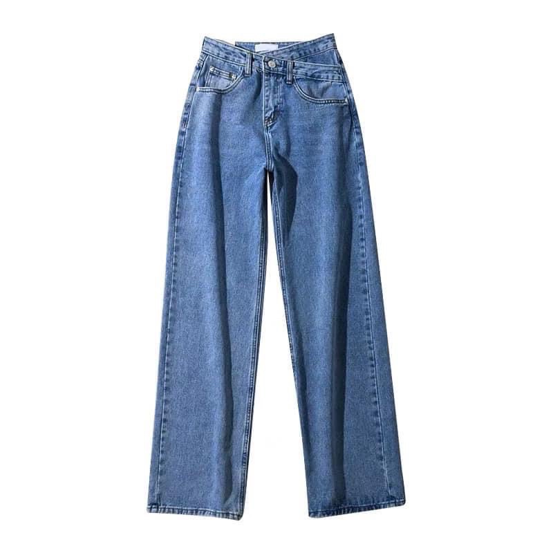 Quần jean Lệch đai outfit năng động với thiết kế ống rộng giúp chân dài miên man