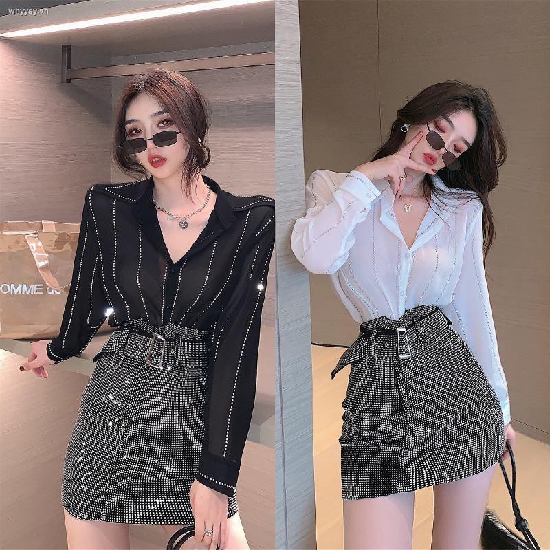 Áo sơ mi đính đá giả phong cách xuân hè thời trang mùa hè cho nữ