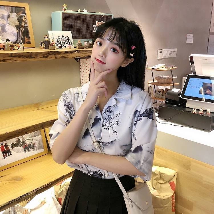 Áo Sơ Mi Tay Ngắn Họa Tiết Mực In Thời Trang Phong Cách Hàn Quốc Cho Nữ