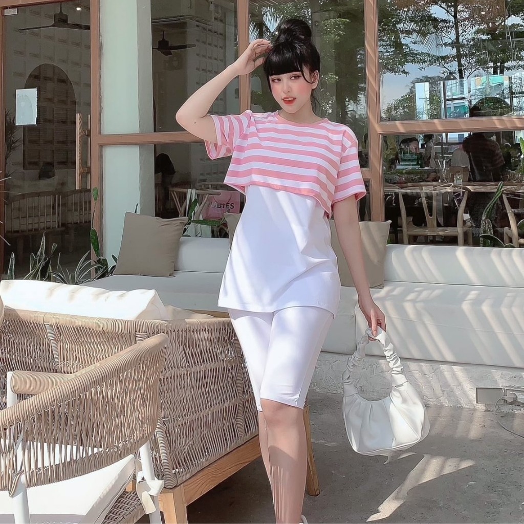 Đồ Bộ Nữ TS03331 Đồ Bộ Mặc Nhà Chất Cotton 100% Co Dãn Đanh Mịn Quần Ngố Lửng Phối Áo Croptop Sọc Ngang Size 40KG - 80KG | BigBuy360 - bigbuy360.vn