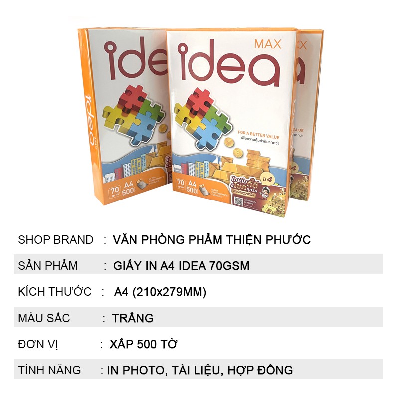 Giấy in A4 Idea 80gsm dày 500 tờ nhập khẩu Thái Lan THIỆN PHƯỚC