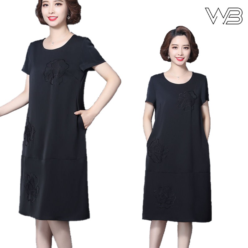 Đầm nữ dáng suông, chất đũi Hàn Châu thoáng mát, thêu hoa sang trọng, váy dài qua gối, che bụng tốt - Thương hiệu WOBE