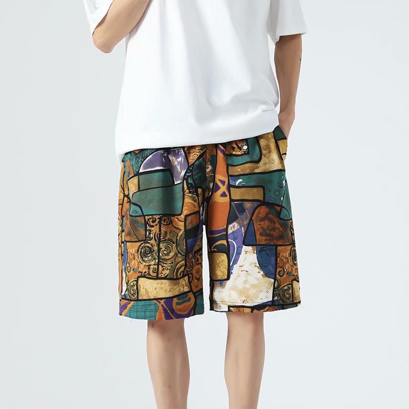 Quần short IELGY thể thao đi biển vải cotton lanh mỏng dáng rộng in hoa kiểu retro thời trang mùa hè cho nam