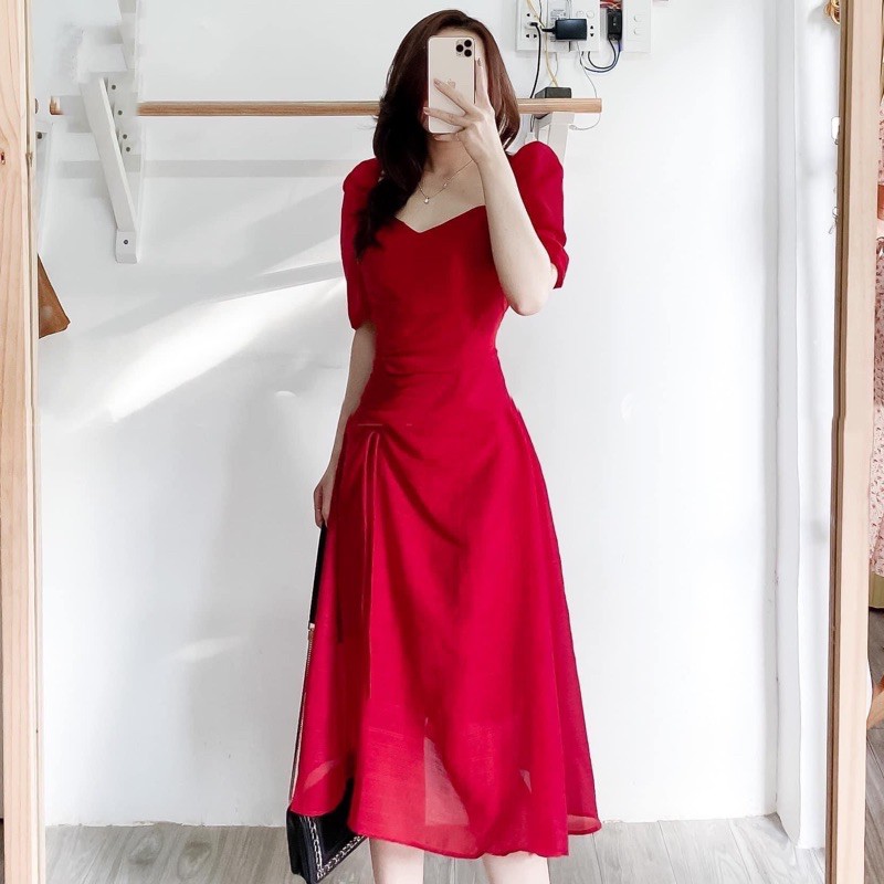 Đầm váy trắng cổ V tùng rút dây