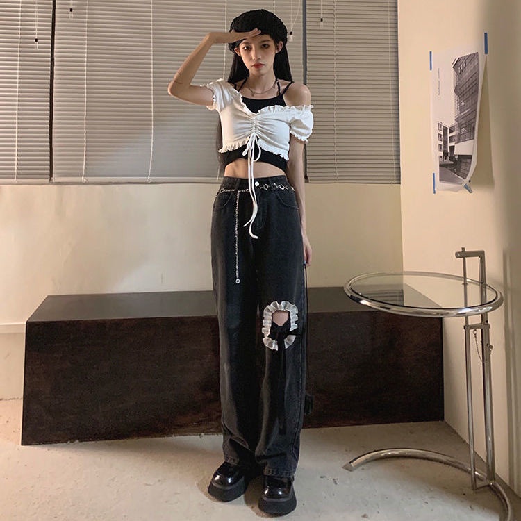 2023 Quần Jeans Lưng Cao Ống Đứng Phối Rách Đính Nơ Mẫu Mới