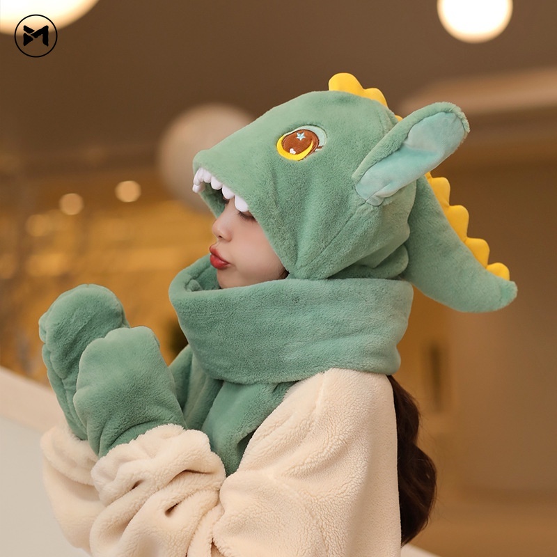 Bộ Đồ Chơi Thú Nhồi Bông Hình Khủng Long Dễ Thương Giữ Ấm Tai Và Khăn Choàng Cổ Dày Dặn