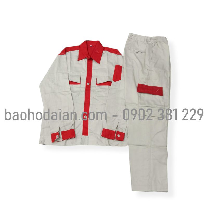 Quần áo bảo hộ lao động vải kaki 31 màu ghi phối đỏ - M04