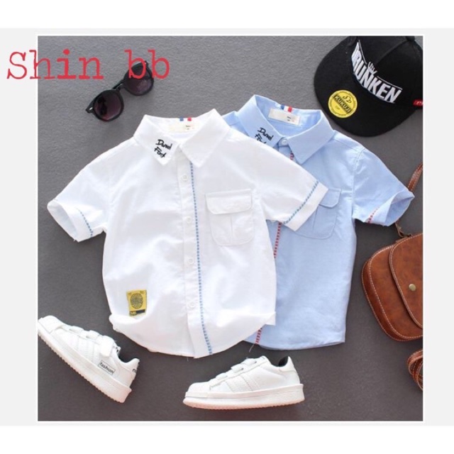 12-30kg. SƠ MI TAY NGẮN BÉ TRAI CHẠY VIỀN NỔI BẬT HAI MÀU TRẮNG VÀ XANH