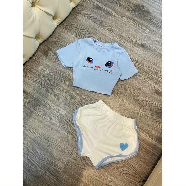 SET BỘ ĐỒ NỮ ÁO CROPTOP QUẦN NGẮN HỌA TIẾT MẶT MÈO DỄ THƯƠNG CHẤT BORIP SIÊU CO GIÃN
