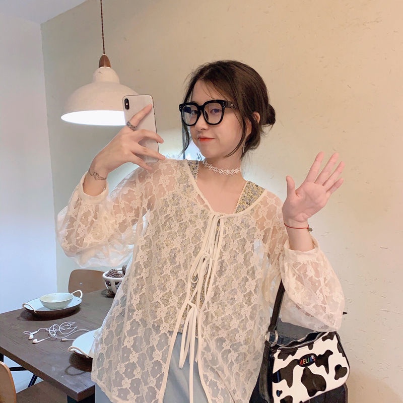 Set áo khoác ren dài tay + áo hai dây hoa phong cách Hàn Quốc xinh xắn cho nữ (có bán lẻ)