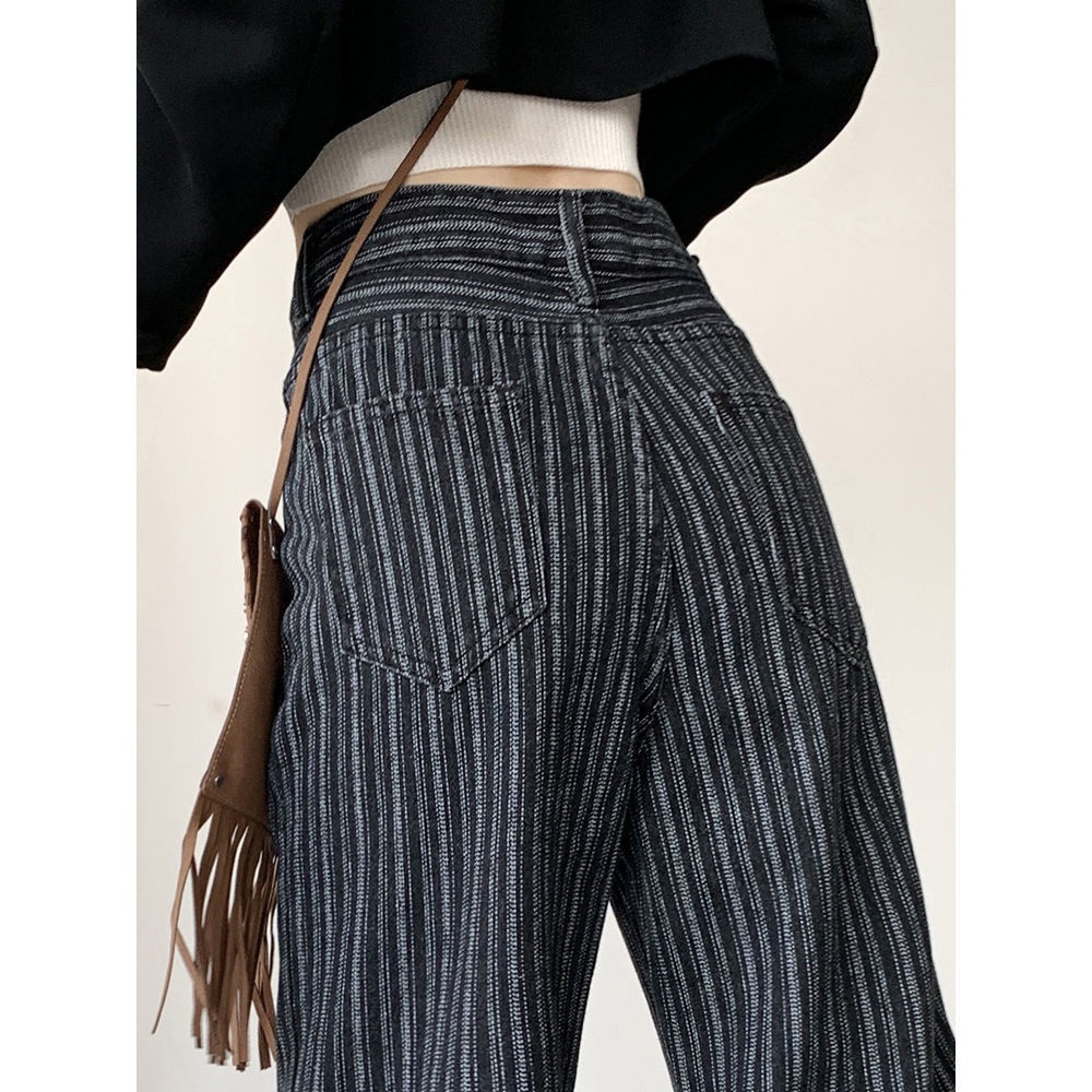 ☏△∏ Quần Jean Ống Rộng Kẻ Sọc Dọc Màu Đen Phong Cách Âu Mỹ Thời Trang Xuân Thu 2022 Cho Nữ