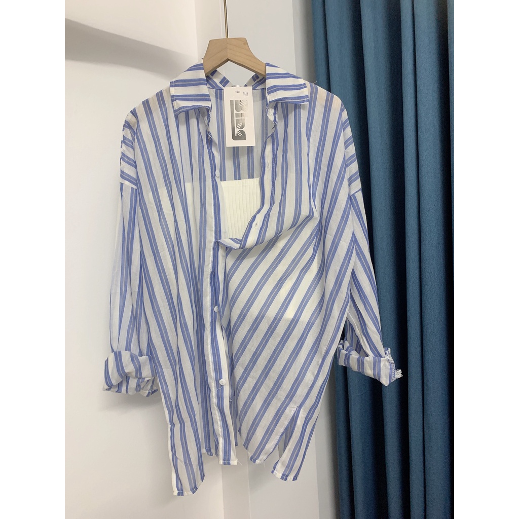 Áo sơ mi nữ dài tay form rộng kẻ sọc xanh vải tơ đũi mỏng nhẹ mát Bingshop