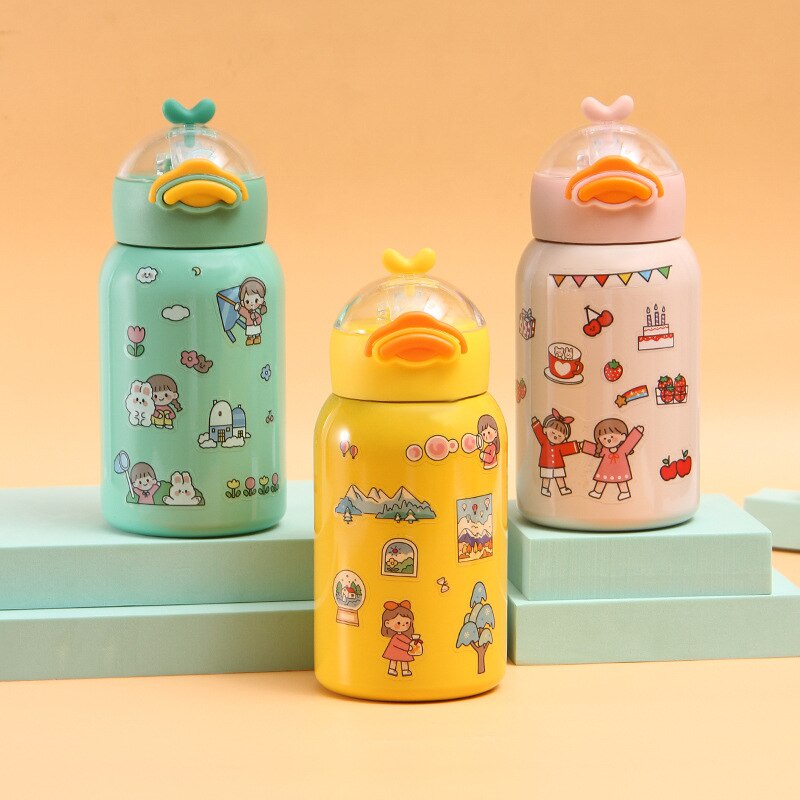 Bình nước giữ nhiệt  400ml điểm nhấn trang trí vịt cute tặng kèm ống hút  (BV04)