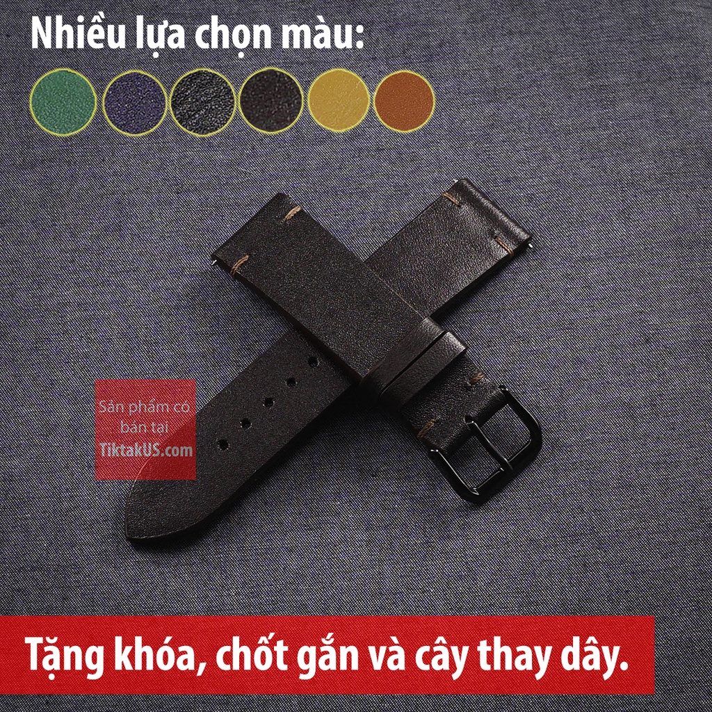 Dây đồng hồ nam da bò thật khóa Đen không chỉ viền, Size 18mm đến 24mm