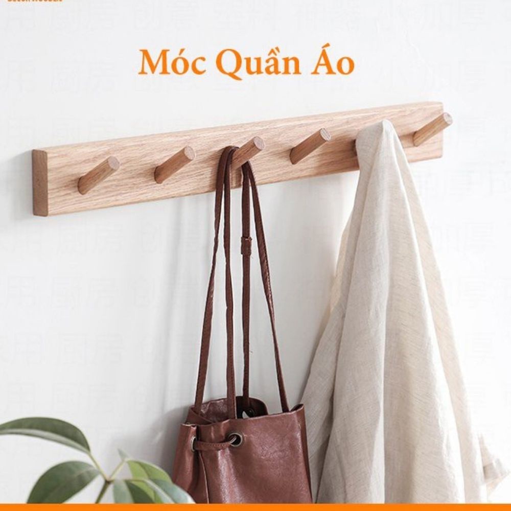 Móc treo quần áo gỗ gắn tường Hương Anh decor giá treo đồ đa năng nhập khẩu gồm 6 móc treo