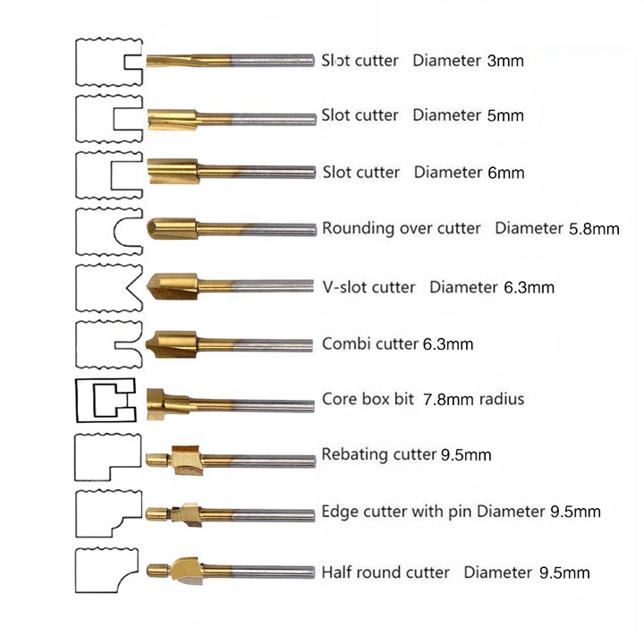 Bộ 10 Mũi Phay Gỗ Cán 3mm - Dụng Cụ Làm Lũa Dremel - mũi phay gỗ thẳng cốt 3mm