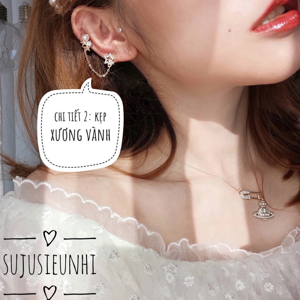 (ko xỏ lỗ) khuyên tai sao ngọc kẹp vành 2 chiếc đeo cùng bên nữ tính