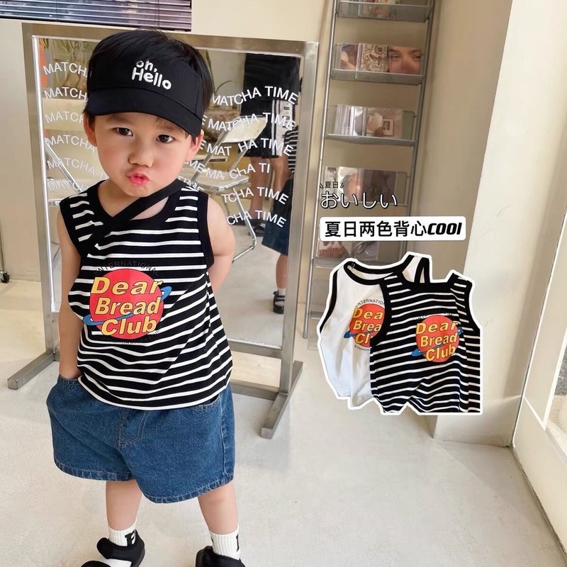 Áo Thun Không Tay Họa Tiết Kẻ Sọc Thời Trang Hàn Quốc Cho Trẻ Em Trai