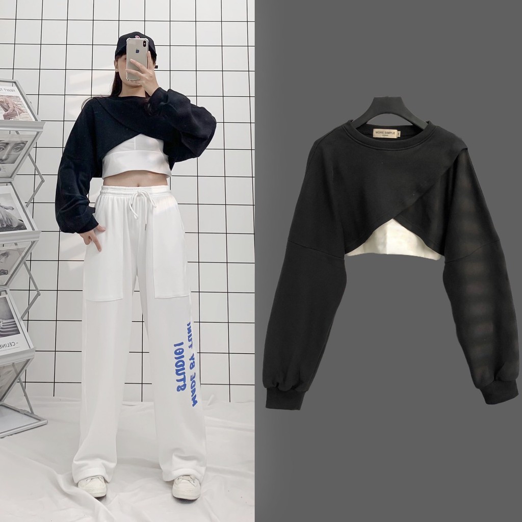 Áo Croptop Dài Tay Dáng Rộng Đắp Chéo SONA Phong Cách Hàn Quốc (Tặng Kèm Bra) - Tuni Store