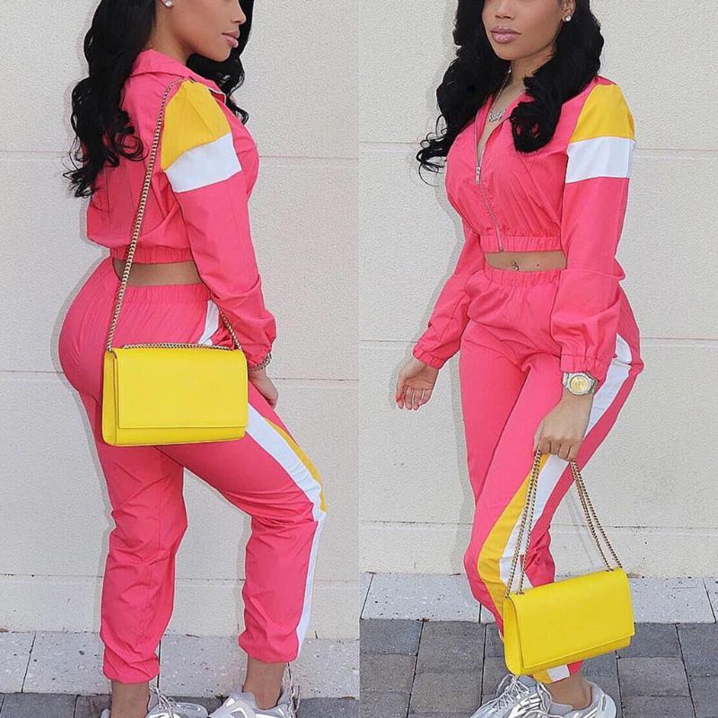 Xiabao Bộ Đồ Thể Thao Dài Tay Phối Màu Khối Kẻ Sọc 2 Màu Có Khóa Kéo Cho Nữ