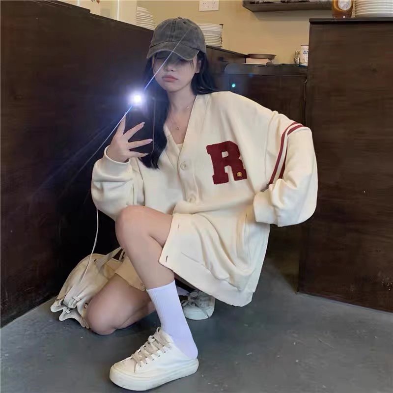 Áo khoác bóng chày cổ chữ V thời trang phong cách Hàn Quốc cho nam/ nữ