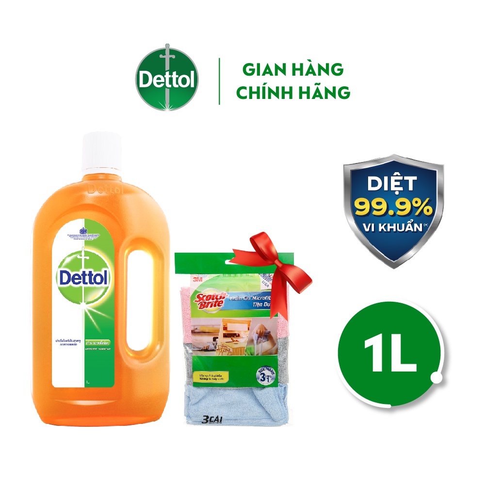 Dung dịch diệt khuẩn đa năng Dettol 1L tặng 1 gói khăn lau chùi 3M - 3 cái