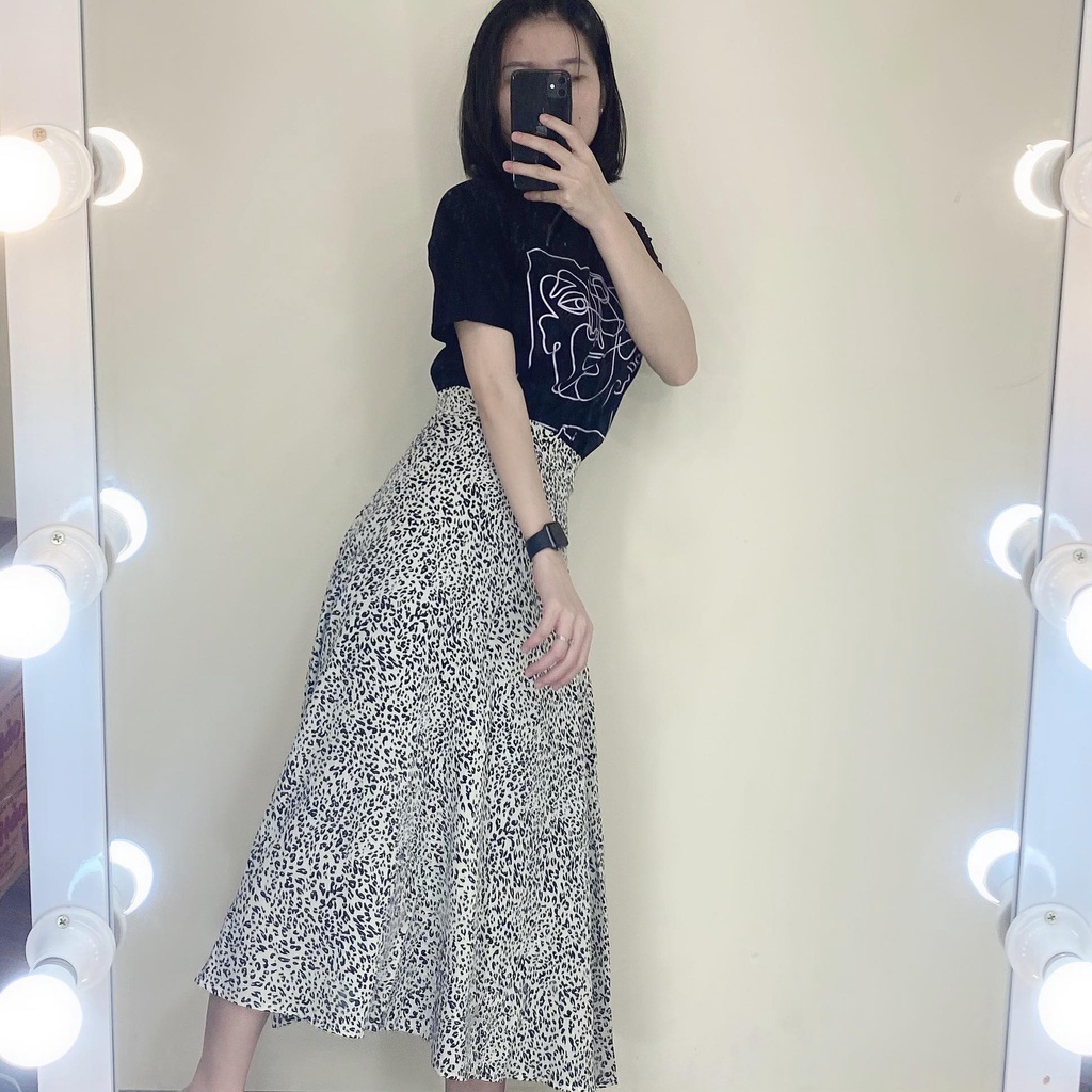 Chân Váy Da Beo Midi, Áo Phông Tay Lỡ Pull Đen