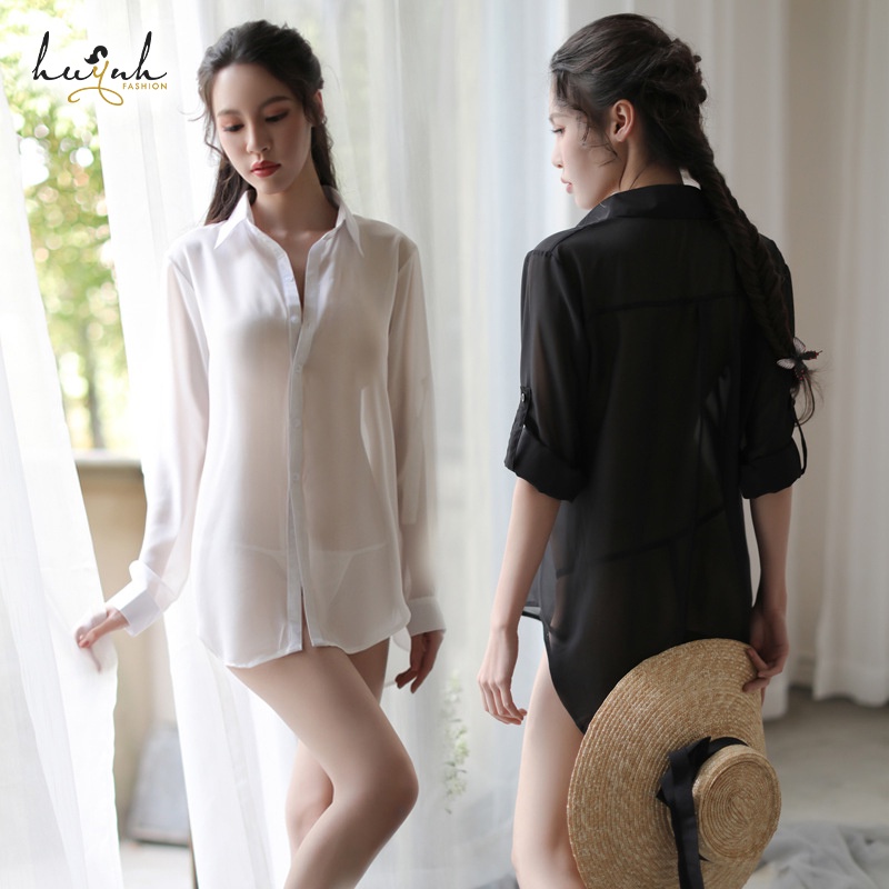 Áo Sơ Mi Ngủ Voan Dài Xuyên Thấu Kèm Quần Chíp Sexy Gợi Cảm - N36