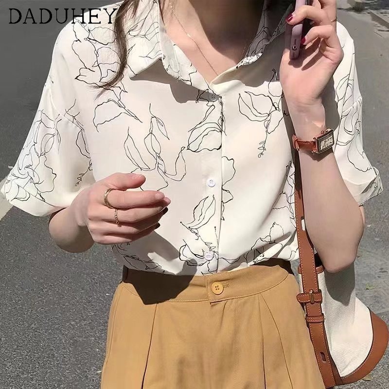 Daduhey Áo sơ mi vải lụa lạnh in hình tay lửng thời trang mùa hè cho nữ 2022