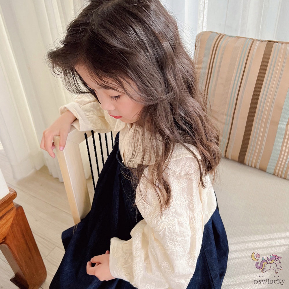 Bộ Đầm Yếm Denim + Áo Sơ Mi Thêu Họa Tiết Xinh Xắn Theo Phong Cách Hàn Quốc Dành Cho Bé Gái