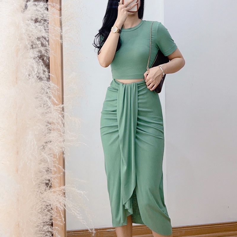 ( Ảnh thật ) S0704 Set cotton áo croptop và chân váy vạt gập