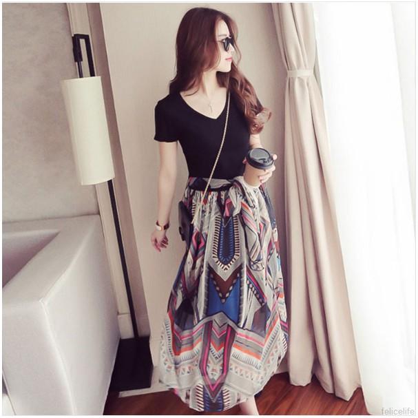 Đầm Maxi thiết kế phối hoạ tiết hình học cho nữ