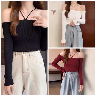 Áo kiểu thun croptop tay dài trễ vai phối dây cho nữ