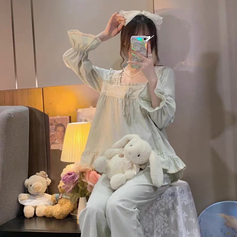 BỘ MẶC NHÀ TIỂU THƯ CỔ VUÔNG PHỐI BÈO XANH MINT rẻ nhất shopee SALE