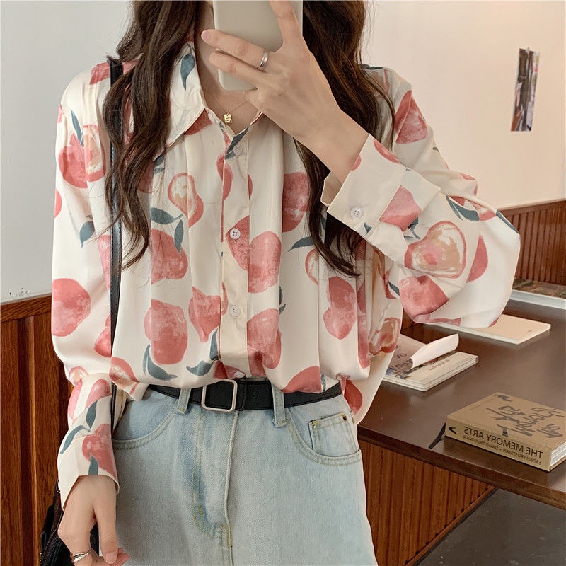 Áo sơ mi voan tay dài cổ chữ V in họa tiết trái đào phong cách Hàn Quốc cổ điển thời trang cho nữ