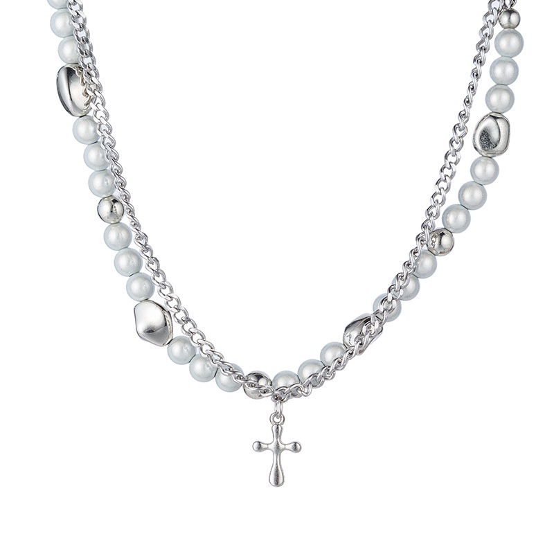 Vòng cổ Hai Lớp Bằng Thép Không Gỉ Phối Ngọc Trai Và Thánh Giá Phản Quang Phong Cách Hip Hop Cho Nữ