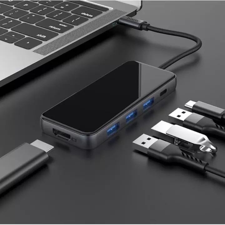 Bộ Chia Cổng Đa Năng Hoco HB15 Type-C to USB max 67W, 3 cổng USB 3.0 + 1 HDMI + 1 PD cho Macbook - Chính hãng