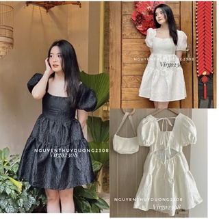 váy gấm tay bồng đan dây lưng