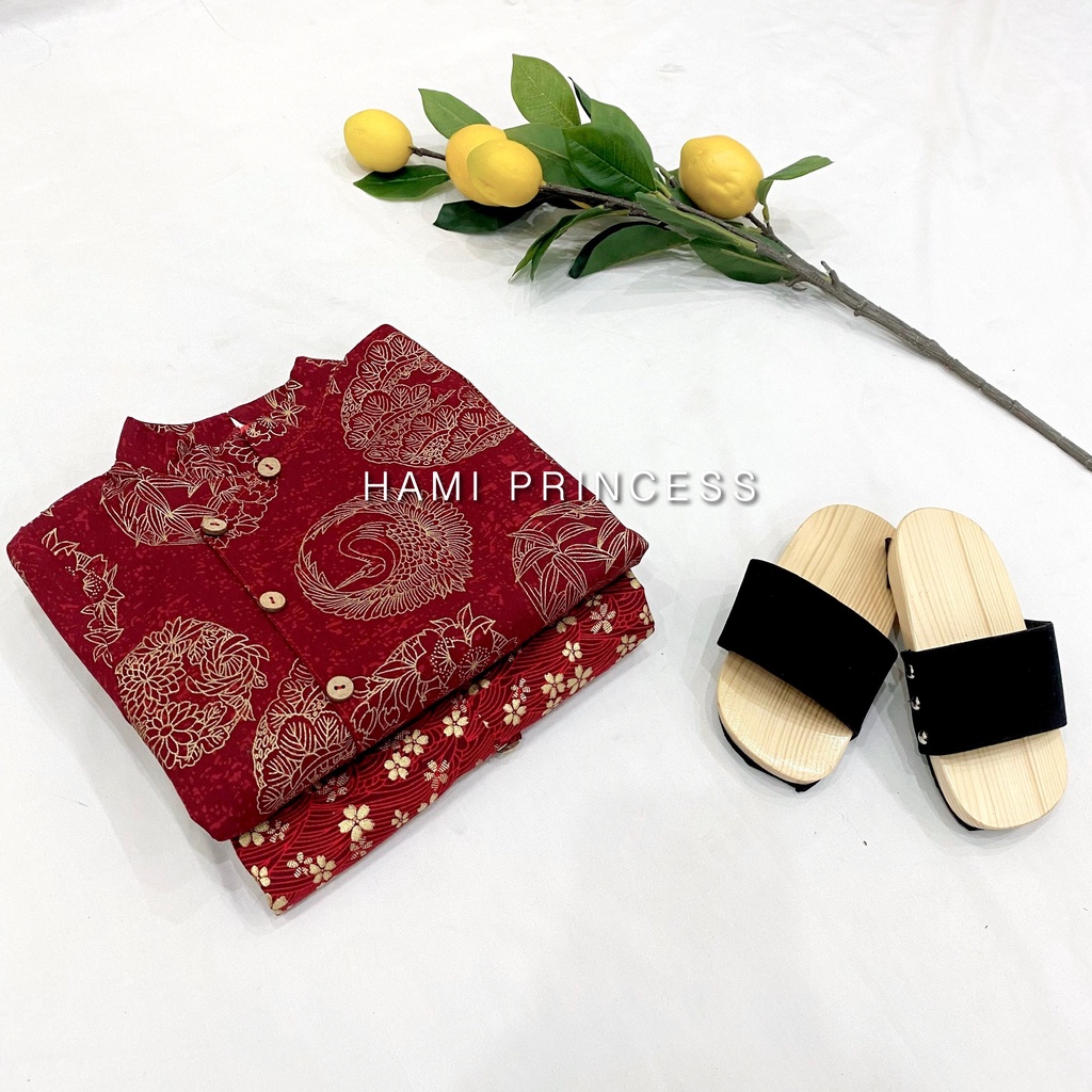 Set Áo Dài Cặp Linen Họa Tiết Cho Bé Trai Bé Gái HAMI PRINCESS (Kèm Quần Lụa Và Mấn Đội Đầu)