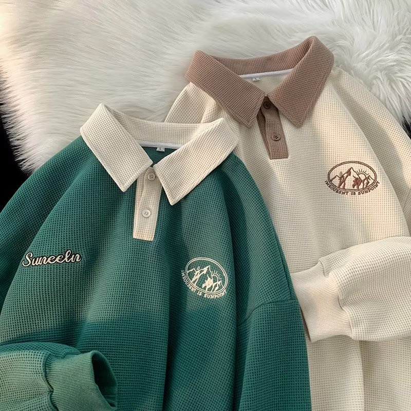Áo Sweater Tay Dài Cổ Polo Thêu Họa Tiết Waffle Phong Cách Retro Mỹ Size M-2XL Thời Trang Mùa Thu Cho Cặp Đôi