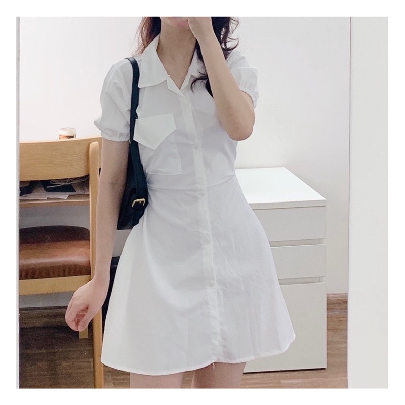 Váy trắng, váy/đầm sơ mi nữ trắng thắt eo sexy, dáng chữ A tay phồng hở lưng mùa hè mặc đi chơi, đi biển | BigBuy360 - bigbuy360.vn