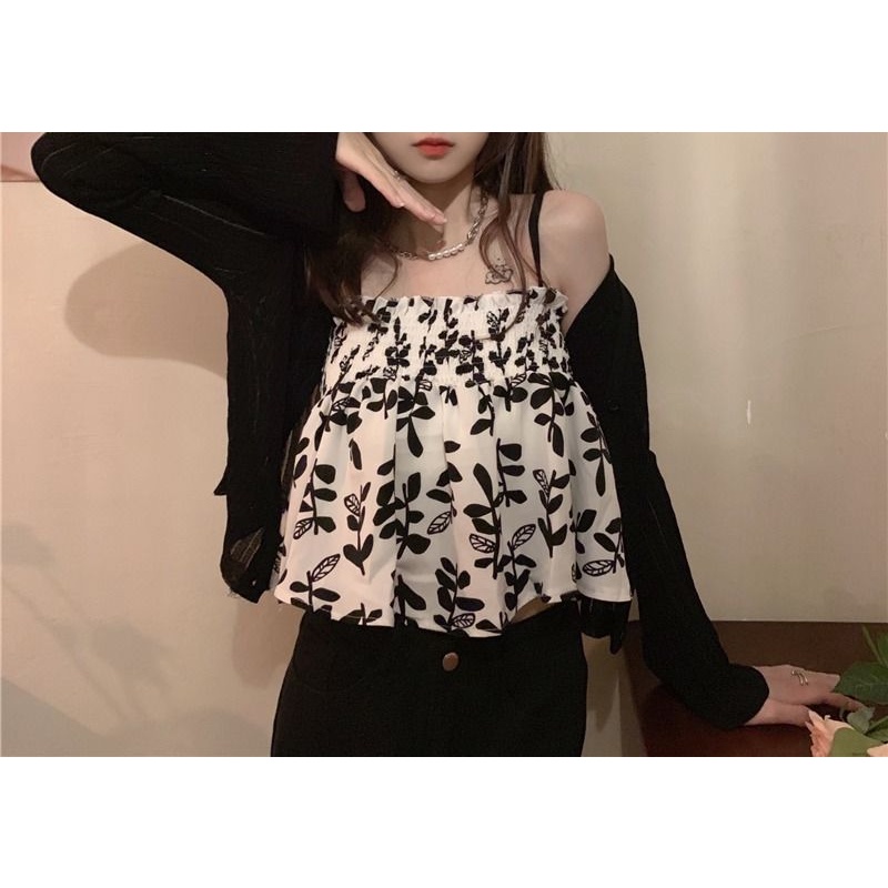 Áo hai dây dáng ngắn in họa tiết hoa nhỏ dễ thương thời trang mùa hè quyến rũ 2021